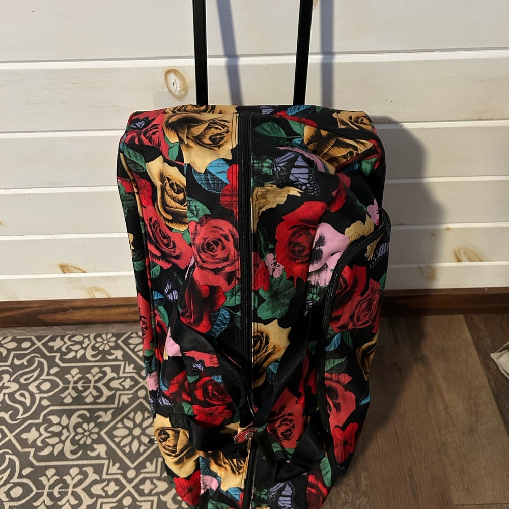 Vera Bradley Black Travel Duffel with Red, Yellow, Green Floral Print